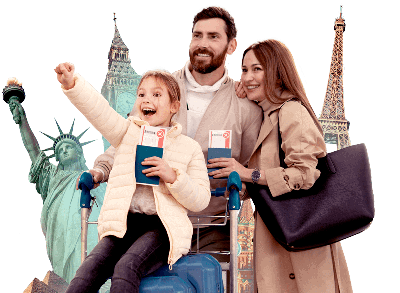 Estudiantes con pasaportes en la Estatua de la Libertad.