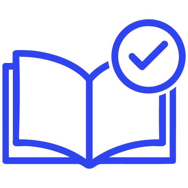 Ícono de libro con sello de verificación en azul.